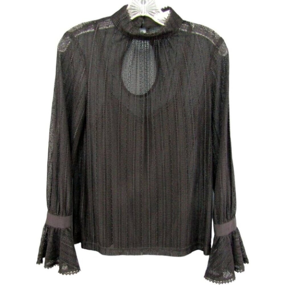 Trina Turk Cicero Noir Stripe Lace Mock Neck Top Sz XS Black Sheer Cami Keyhole